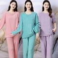 thumbnail image 2 of Pyjama en Flanelle Automne Hiver pour Femmes Deux Pièces Ample Décontracté Vêtements de Maison Nouveau Col Rond Pyjama Simple en Polaire Corail Rayé pour Femmes, 2 of 5
