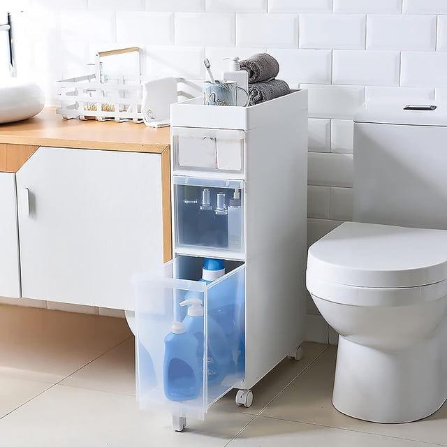 Armoire Haute Étroite pour Salle de Bain, Unité de Rangement Verticale avec 4 Tiroirs Transparents et Roulettes, Commode Étroite Autoportante Chariot de Rangement, Largeur 14cm/22cm, Sans Assemblage