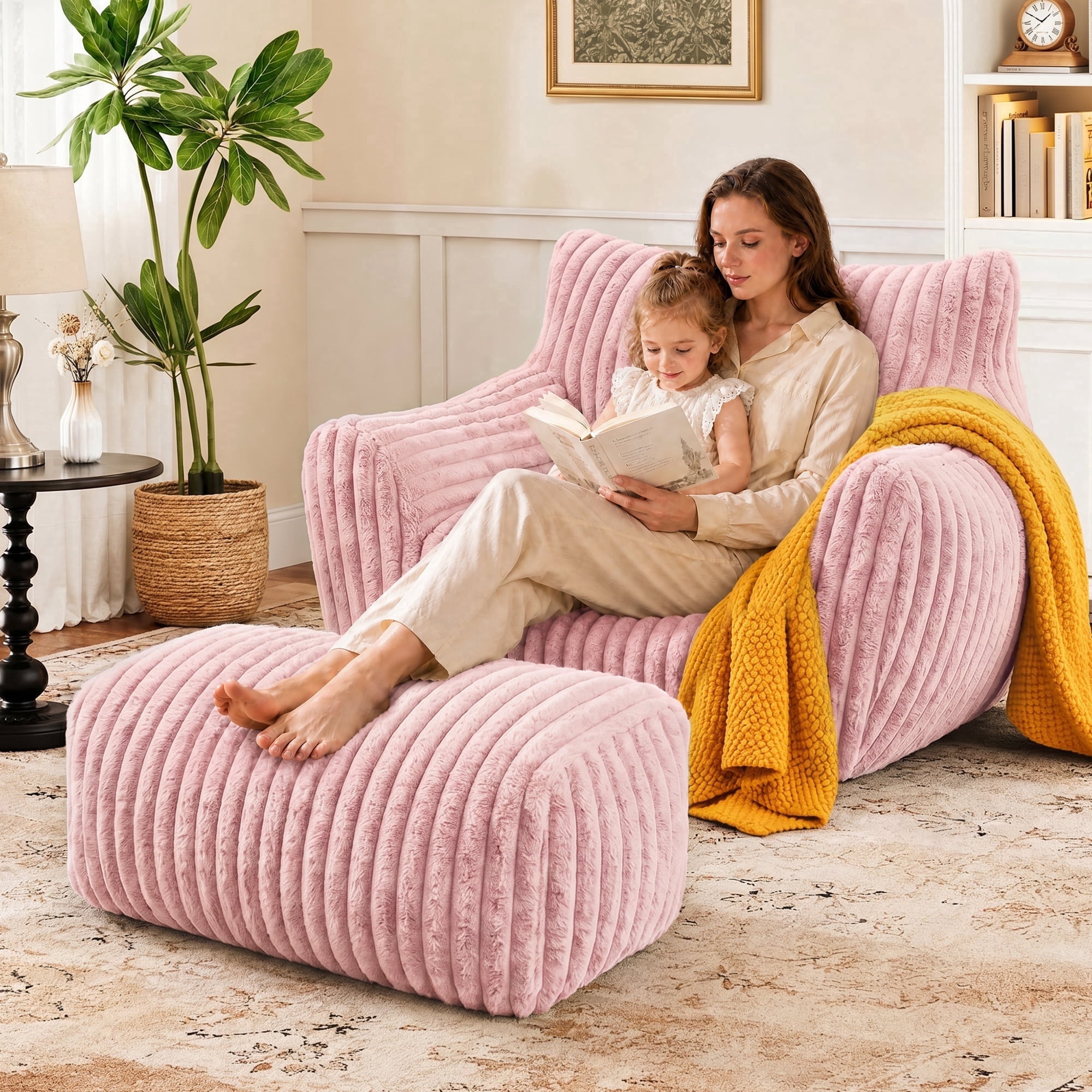 LaoGeoRon Pink Bean Bag Chair for Adults with Ottomans Memory Foam Filled Bean Bag Sofa Footrest with Armrests Removable Washable Cover