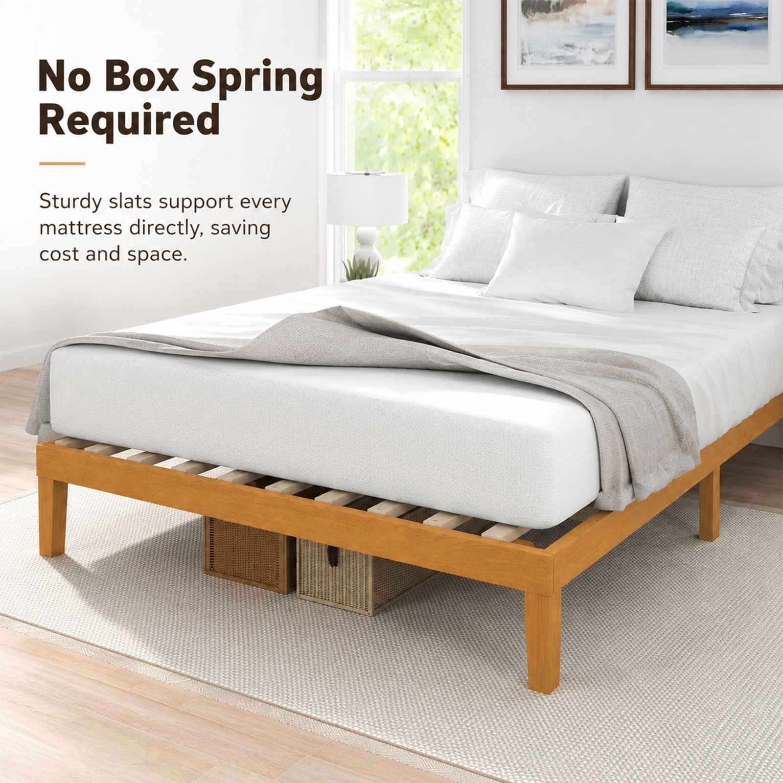 Alvantor Natural Pine Platform Bed Frame, 14" High, Sturdy Wood Sturdy Slats, Noise-Free Design, No Box Spring, Easy Assembly