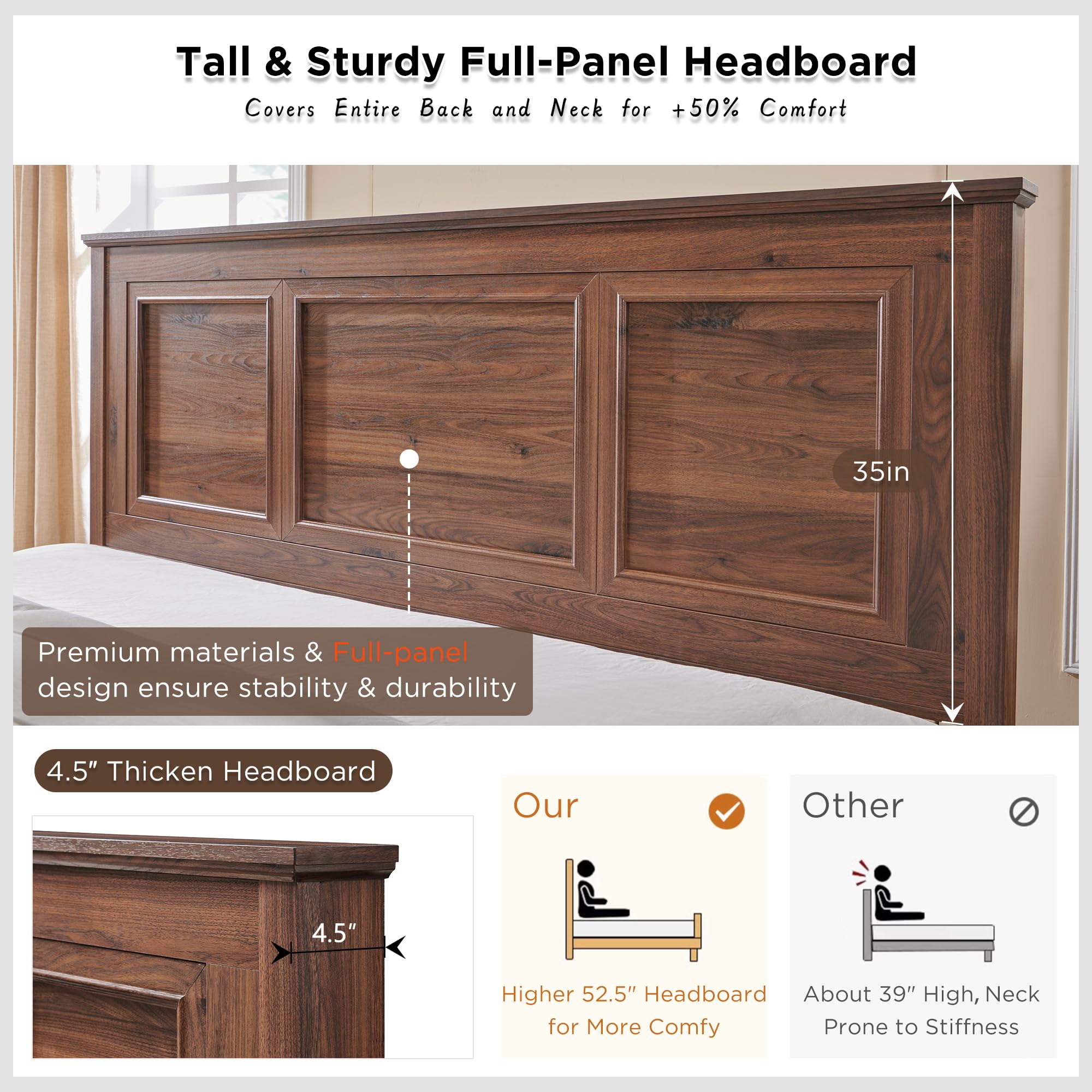 ACCOHOHO Rustic Queen Size Bed Frame with 52" Tall Full-Panel Headboard, Wood Platform Bedframe with Footboard and Storage Drawers, No Squeak, No Box Spring Needed, Brown