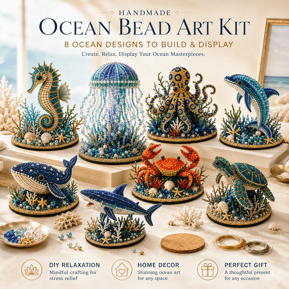 Ocean Sparkle Animal Craft Kit, 1-Piece Seahorse Beginner Bead and Wire Craft Set for Adults, Create a Sparkling 3D Marine Animal Display