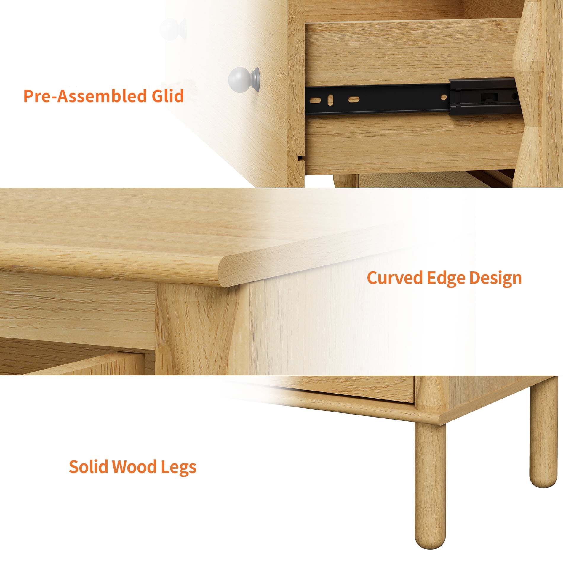 WAMPAT Nightstand with 3 Drawer，Solid Wood & Hand‑Carved Design Bedside Table for Bedroom,Oak