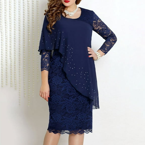 Lilgiuy Trendy Women's Charming Casual Full Sleeve O-Neckt Print Lace Splicing Dress for Women Wedding Guests