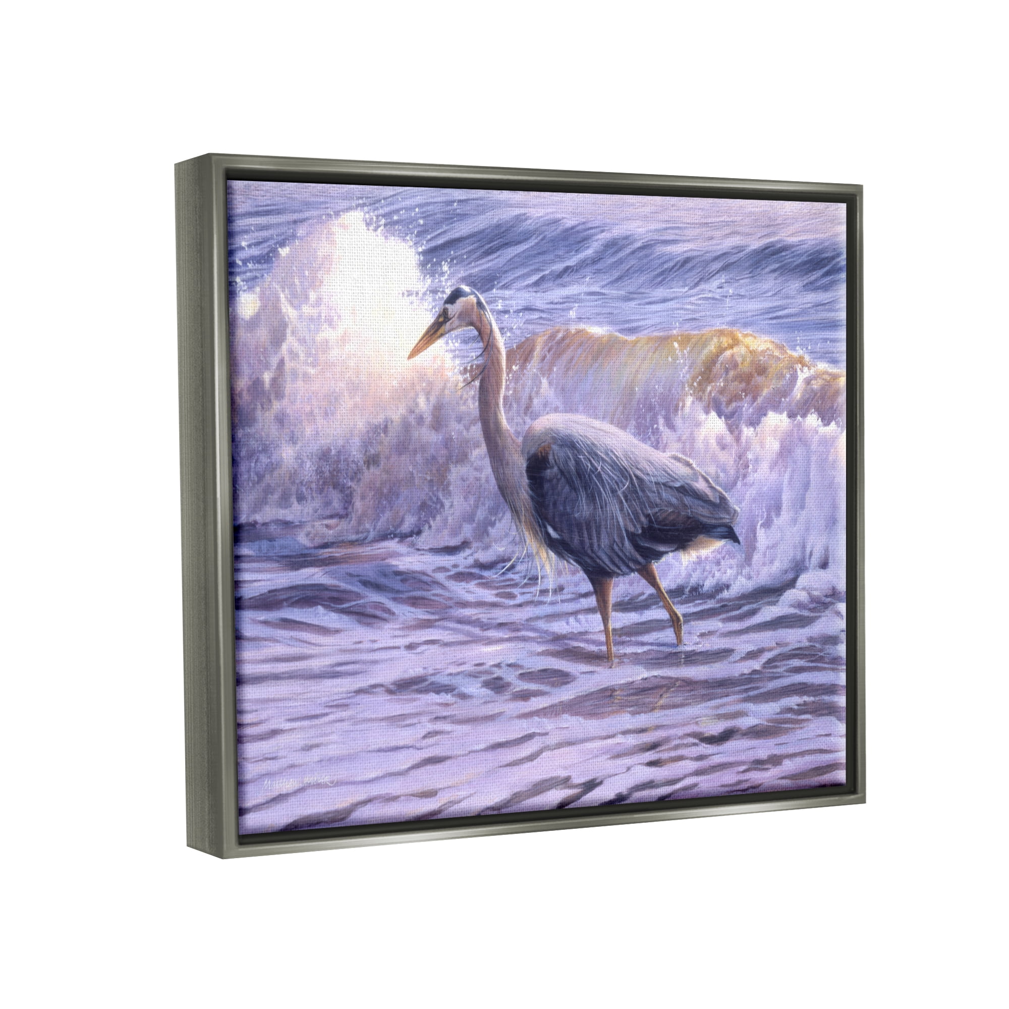 Stupell Industries Crane Bird Splashing Ocean Waves Coastal Photography Gray Floater Framed Art Print Wall Art