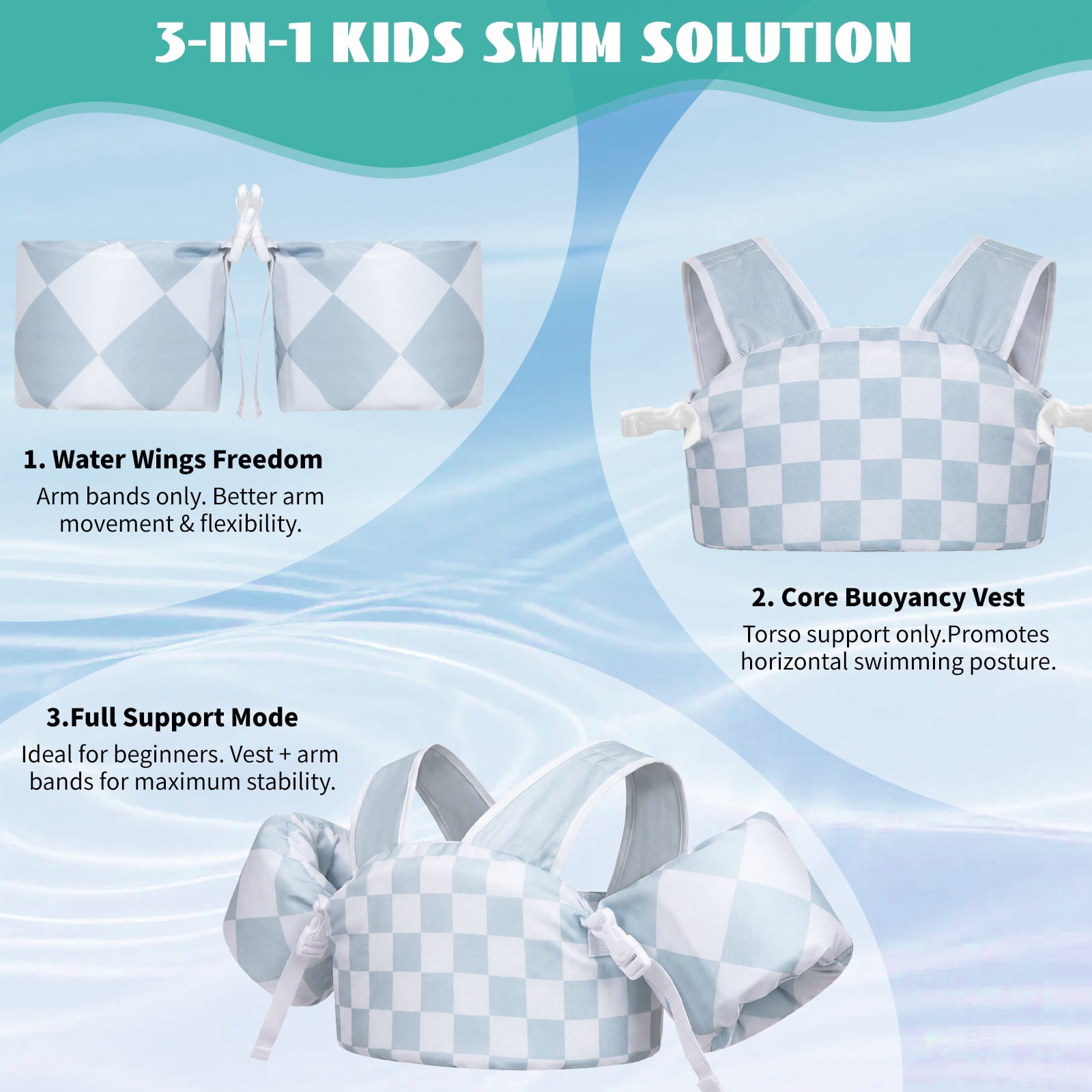 Gogokids Kids Toddler Swim Vest Life Jacket,Toddler Floaties Fit 22-66 Lbs,Pool Float Jumper Detachable Arm Floaties Water Wing for Boys Girls