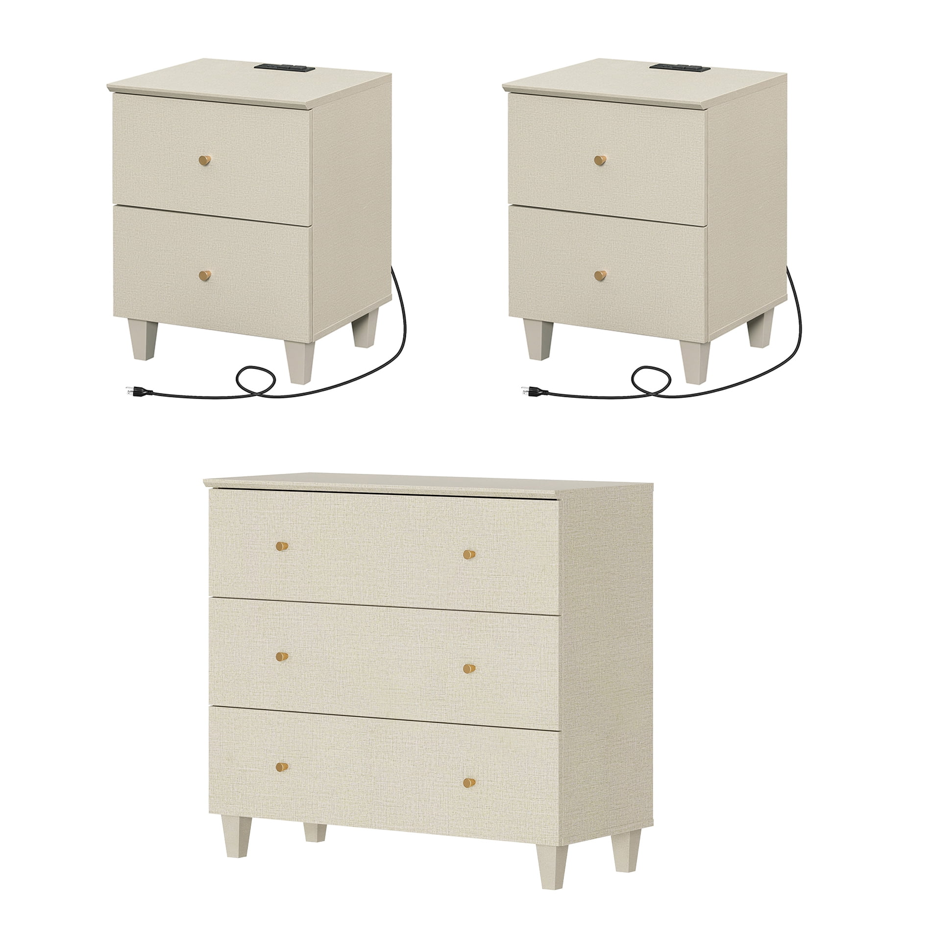 WAMPAT Dresser and Nightstands Set of 3, Wood Dresser with 3 Drawers, 2 Pieces Nightstands with Charging Stations for Living Room, Beige Linen Printed