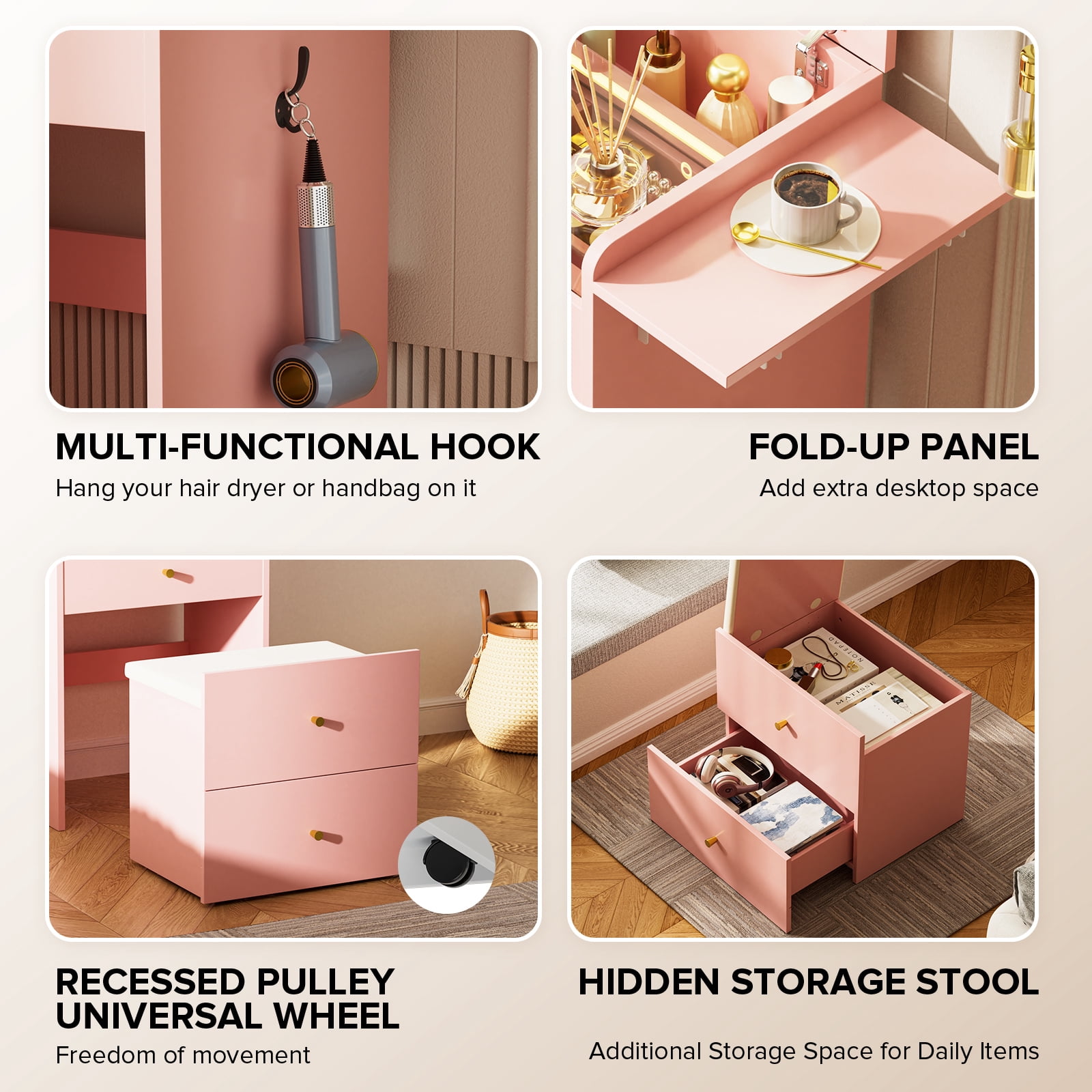 LUCKLIFE 3-in-1 Makeup Vanity Set with Lighted Flip Top Mirror & Storage Stool, Small Space Dressing Table with Foldable Side Tray, Glass Top Desk & Nightstand for Bedroom, Pink