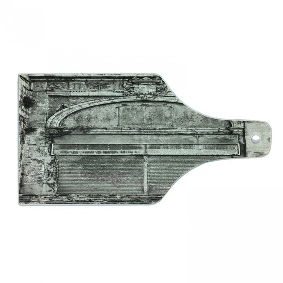 Rustic Cutting Board, Monochrome Old Closed Store Front with Jalousie and Classic Medieval Touch Historic Photo, Tempered Glass Cutting and Serving Board, Wine Bottle Shape, Grey, by Ambesonne