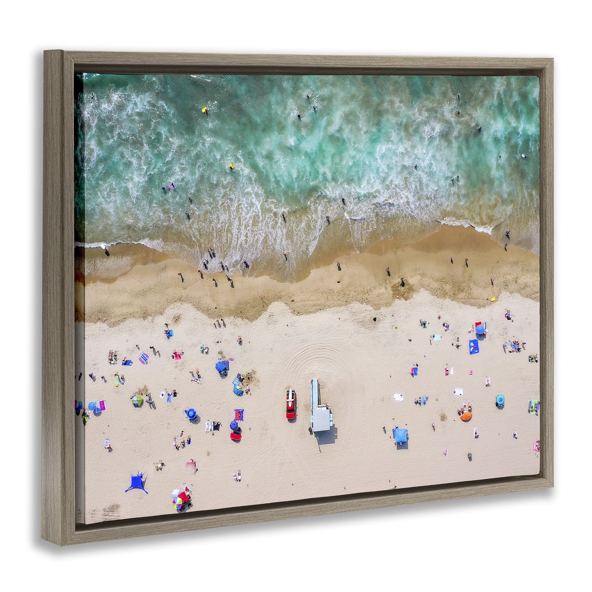 Stupell Industries Aerial View Busy Summer Beach Nature Photography Brown Floater Framed Canvas Art Print Wall Art, 31 x 25