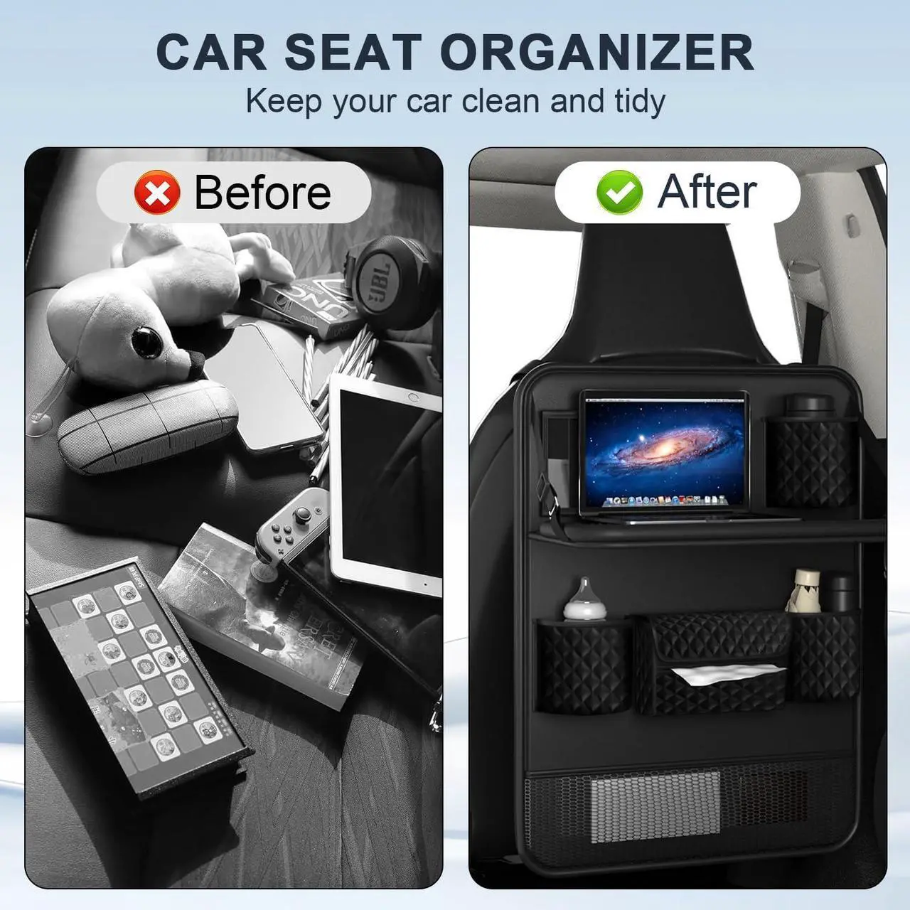Universal Car Backseat Organizer with Tablet Holder & Foldable Tray - Heavy-Duty Kick Mats Seat Protector for Kids, Waterproof Multi-Pocket Storage for Road Trips, Cars, SUVs