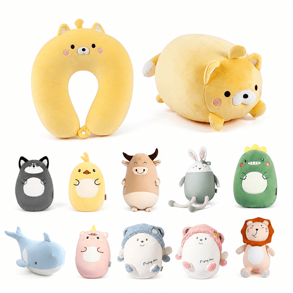 Florenta Travel Pillow - 2-in-1 Deformable Neck Pillow for Traveling, Soft U-Shaped Pillow with Adorable Animal Design, Comfy Sleep and Play, Ideal for Airplanes Travel - Yellow Bear