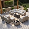 thumbnail image 3 of XIZZI 15-Piece Outdoor Patio Furniture Set with Fire Pit Table Swivel Rocking Chair, Wicker Outdoor Sectional with Ottoman & Solar Coffee Table for Garden, Large Villa Manor, Light Gray, 3 of 12