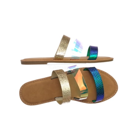 Print Slide - Shoreline91 by Bamboo, 3 Strap Slide In Flat Sandal-Lucite Clear Neon Hologram Snake Print