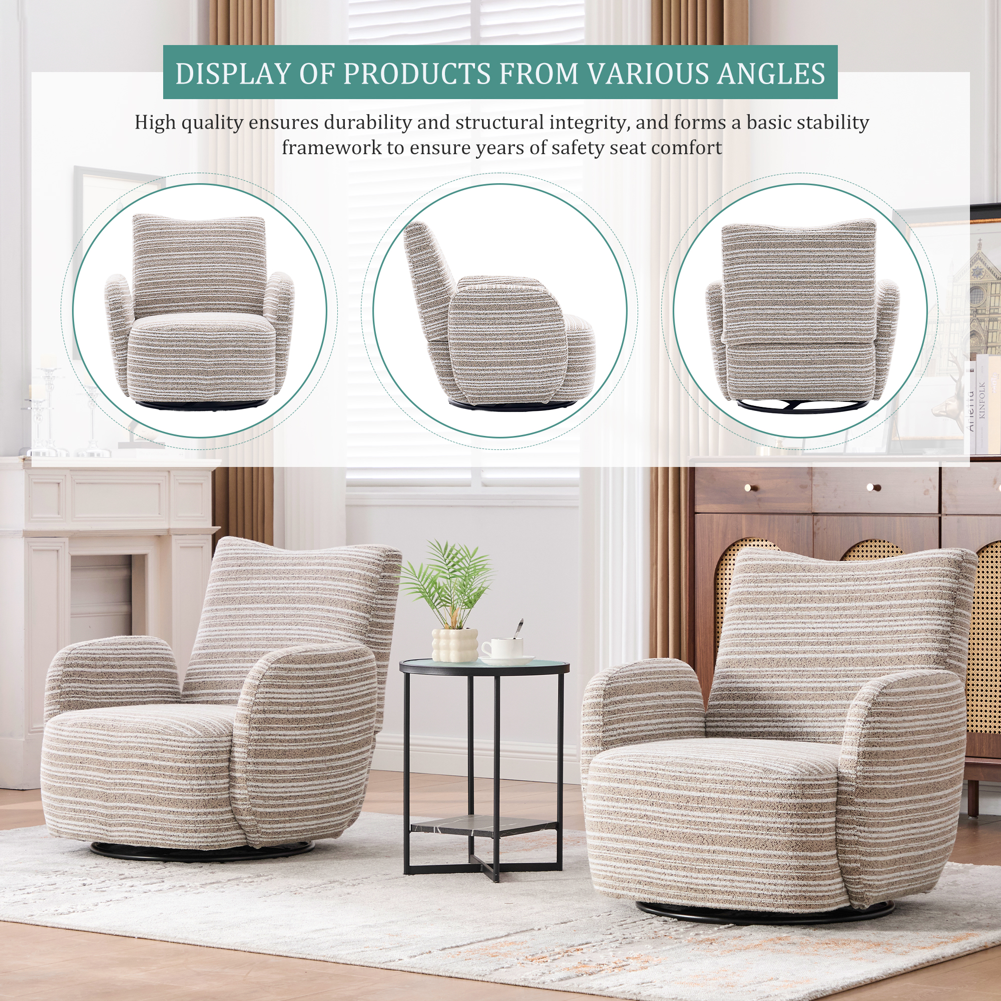 MOONMISS Boucle Upholstered 360°Swivel Fabric Striped Armrest Leisure Chair for Living room-Khaki