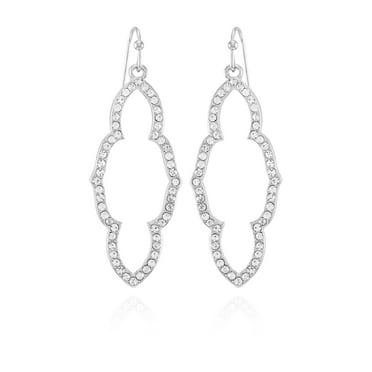 Time and Tru Women's Modern Open Medallion Shape Crystal Stone Earring in Silver Tone Plate.