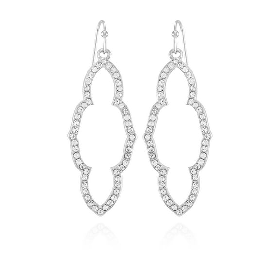Time and Tru Women's Modern Open Medallion Shape Crystal Stone Earring in Silver Tone Plate.