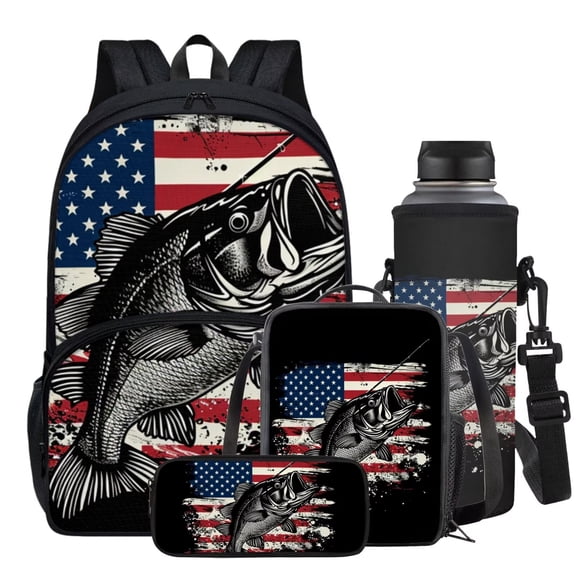 Garronmavis American Flag Print Backpack Set for Boys 5-16, Middle School Fish Book Bag with Lunch Box Pen Case Bag Water Holder Case, Casual School Bag for Camping Picnic Travel