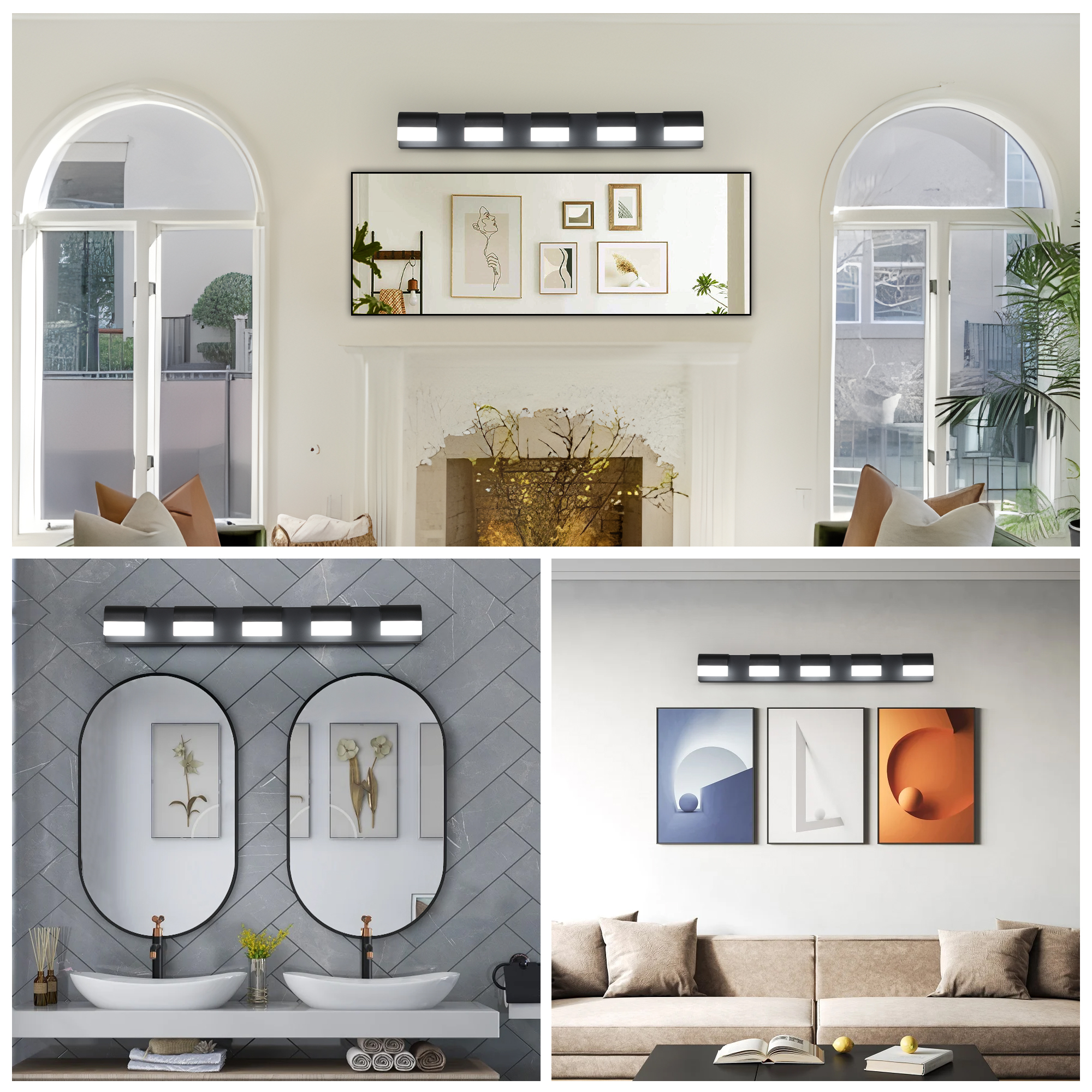 5-Light 32.3 Inch Vanity Light Fixtures , Matte Black Modern Acrylic Bathroom Wall Lighting Fixtures for bathroom lights (Cool White 6000K)