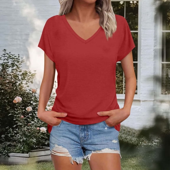ClodeEU Womens Lightweight V Neck Short Sleeve T Shirts,Casual Trendy Basic Loose Fit Tees Red,Womens Plus S