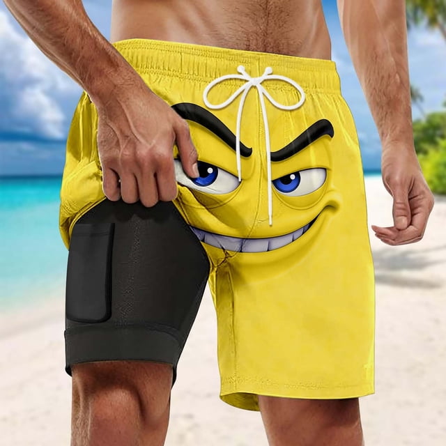 Men's Beach Shorts for Summer Swim Trunks with Print Double Layer Design for Surf and Pool Activities