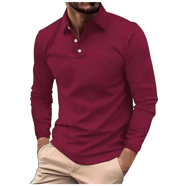 Camiseta de manga larga con solapa, color liso, para uso diario informal, para hombre - Poliéster, duradera, ajuste versátil