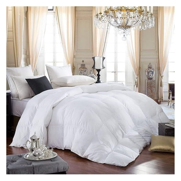 Luxurious Queen Size Siberian Goose Down Comforter, 600 Thread Count 100% Egyptian Cotton Cover, Solid White Color, 60 Oz Fill Weight, All Season Down Comforter