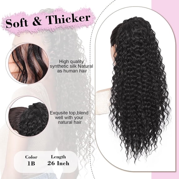 WEIF-Black Ponytail Extension Drawstring Ponytail for Black Women 26 Inch Synthetic Long Afro Curly Fluffy Ponytail for Daily Use