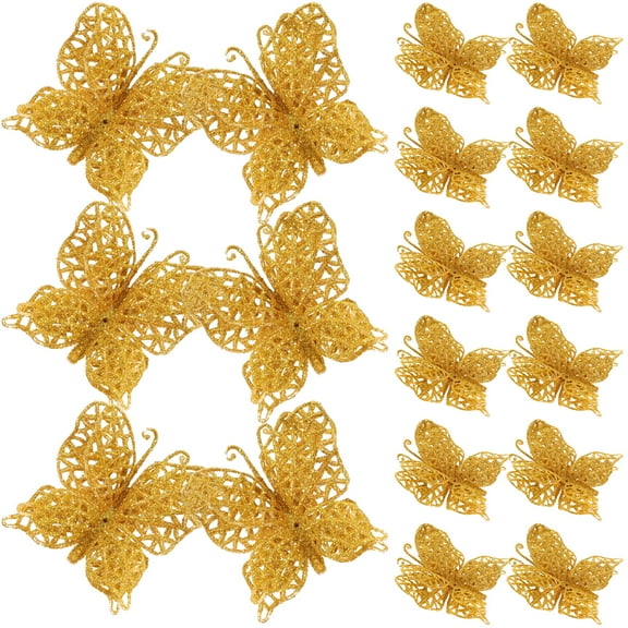 Raindrops Golden Plastic Christmas Butterfly Ornaments for Decoration with Hollow Design and Glitter Details 24 Pieces