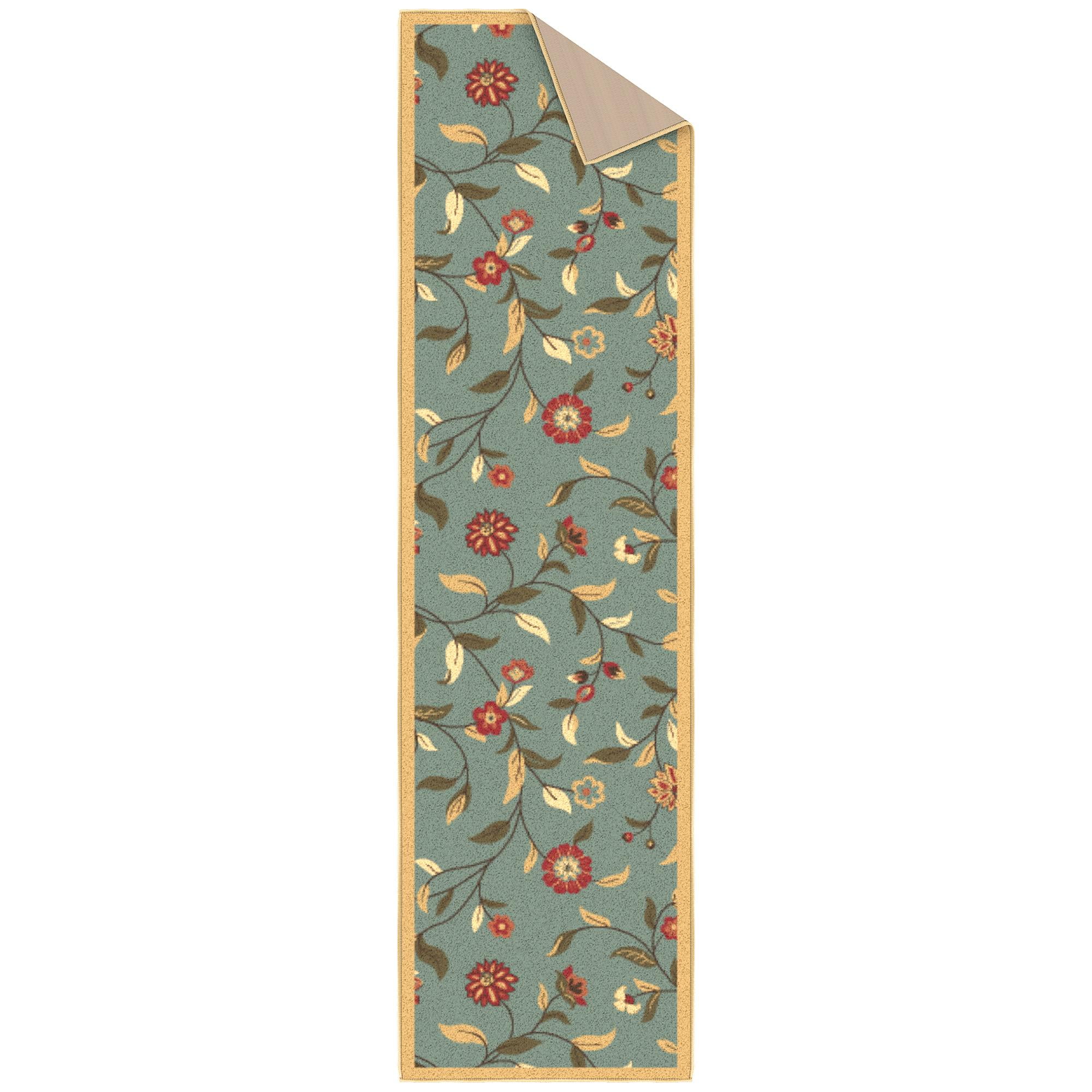 Ottomanson Floral Kitchen Runner Rug 1'10" x 6' - Non Slip Low Pile Carpet, Seafoam Green