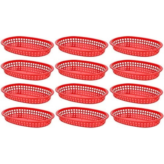 TrueCraftware- Set of 12 Red Plastic Oblong Fast Food Baskets 10 3/4" X 7"- Oblong Shaped Tray for Fast Food Restaurant Supplies Deli Serving Chicken Burgers Sandwiches & Fries