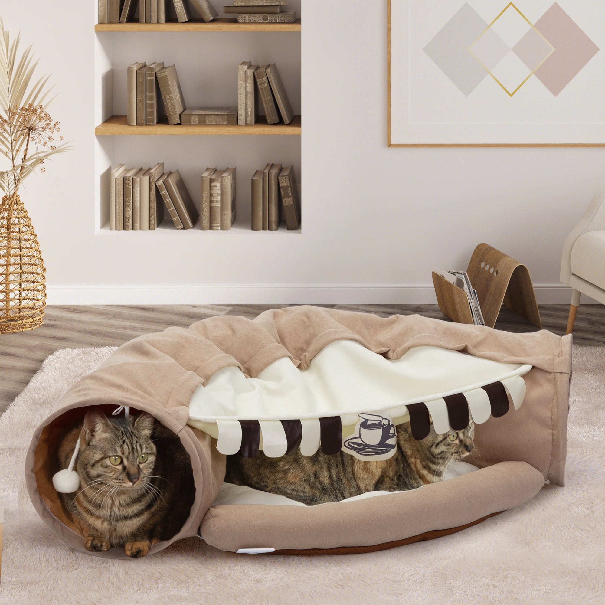 COZIWOW 2-in-1 Cat Tunnel Bed, Cat Tube with Collapsible Washable Mat for Indoor Cats, Coffee