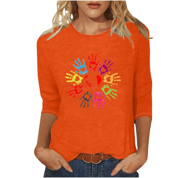 Orange Shirts for Women T-Shirts for Women Ladies' Orange Shirt Japanese Fashion Printed Round Neck 3/4 Sleeve T-Shirt Loose Top Womens Fashion Tops Wear Orange T-Shirt