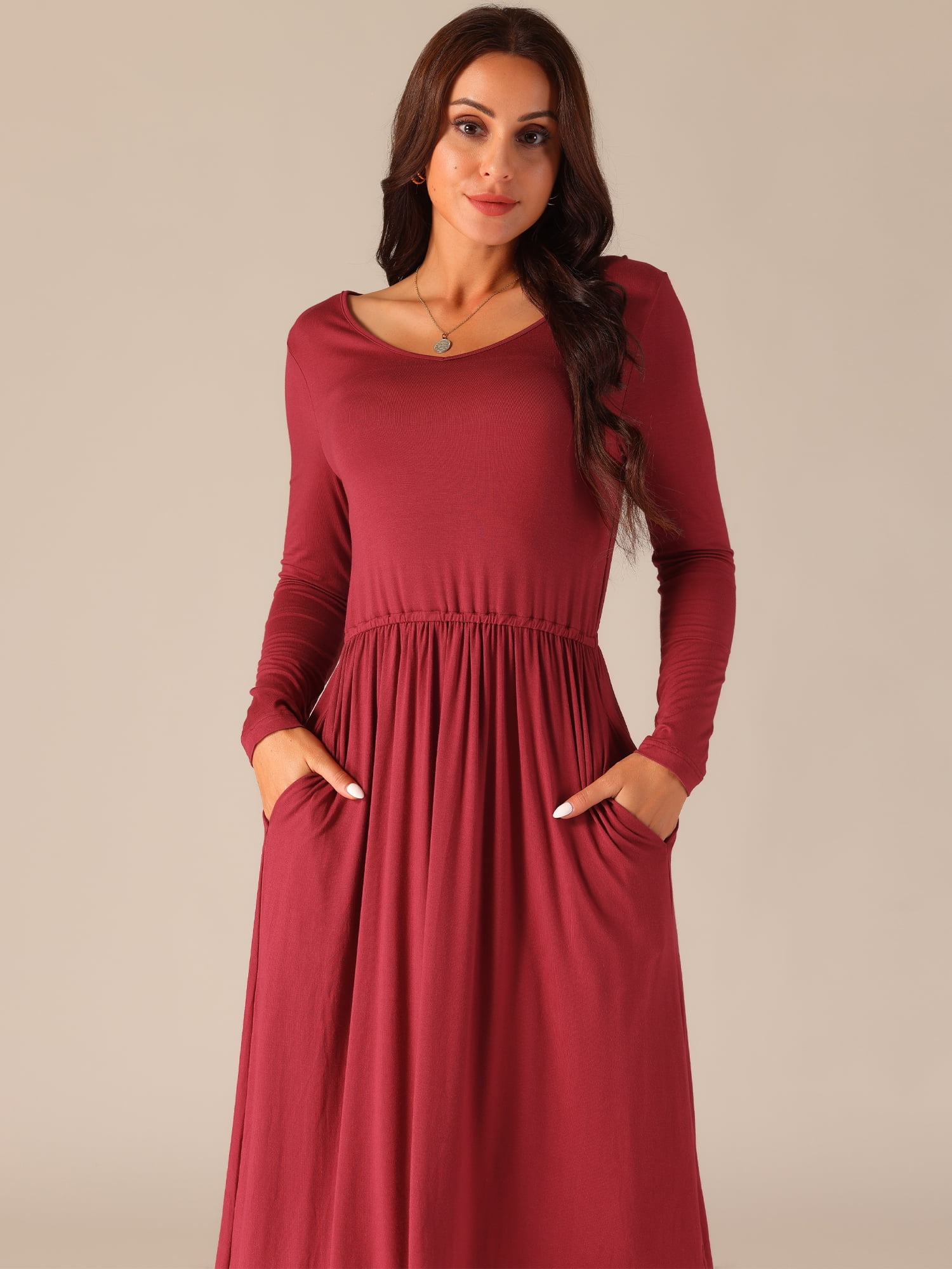 DARING DIVA Long Sleeve Round Neck Midi Dress S Wine Red