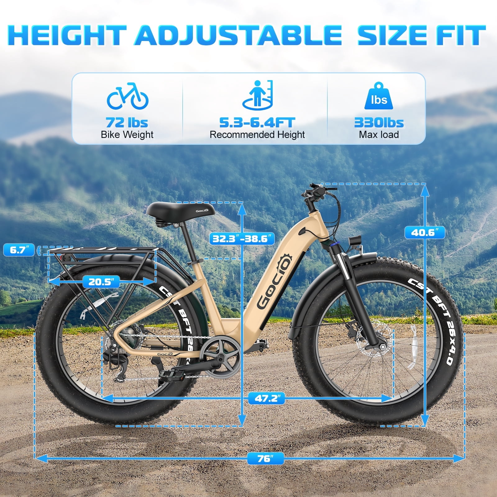Gocio 26" Fat Tire Electric Bike for Adults, 1350W Peak Motor, 48V 15Ah Battery, 22MPH E-Mountain Bike, 7-Speed Off-Road Ebike, UL2849