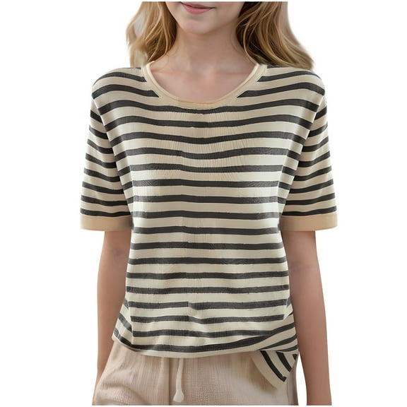 AherBiu Kid Girls Clothes Knitted Summer Tops Short Sleeve Striped Crewneck Teens Basic Shirts Blouse
