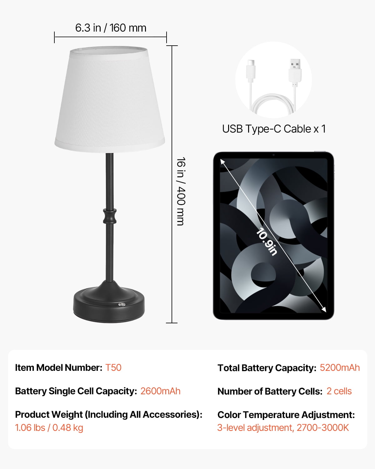 VEVOR Cordless Table Lamp, 5200mAh Built-in Rechargeable Battery Desk Lamp, 3-Level Brightness, Fabric Shade, 2700-3000K Color Temperature, Table Light for Restaurant, Bedroom, Bar Counter, Black