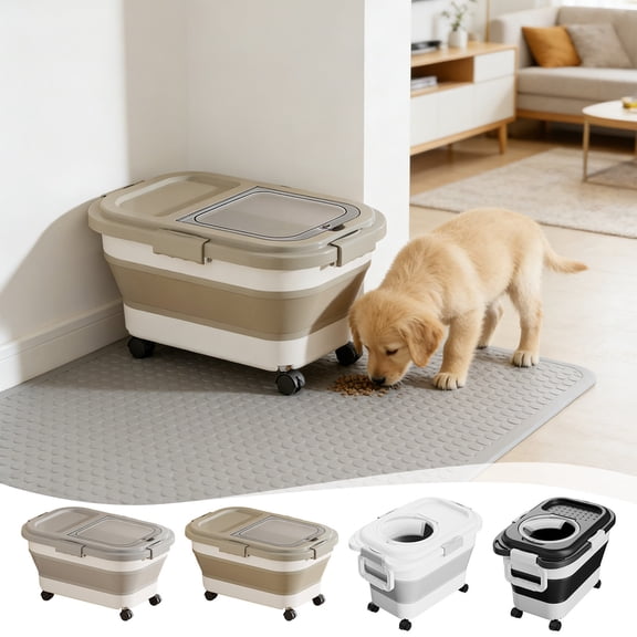 KOYPTL Dog Food Storage Container with Scoop,Collapsible Dog Food Container with Airtight Lids,Wheels,and 2.5L Pet/Dog/Cat/Bird Food/Cat litter Dry Food Container with Handles 17.72x11.61x10.63In