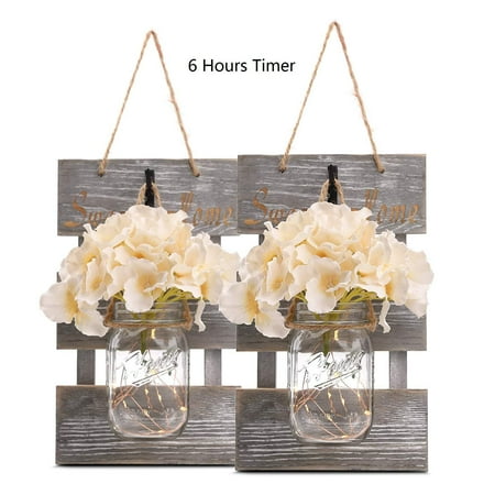 

Rustic Grey Mason Jar Sconces for Home Decor Decorative Chic Hanging Wall Decor Mason Jars with LED Strip Lights 6-Hour Timer Silk Hydrangea Iron Hooks for Home & Kitchen Decoratio