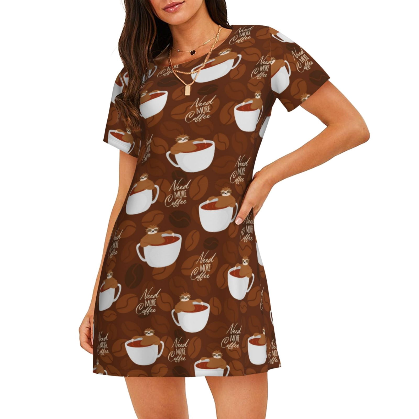 KLL Mignon Paresseux Ours Relaxant dans une Tasse de Café Imprimé Chemise de Nuit à Manches Courtes pour Femmes Chemise de Nuit Confortable Col Rond Mignonne Robe de Nuit à Volants