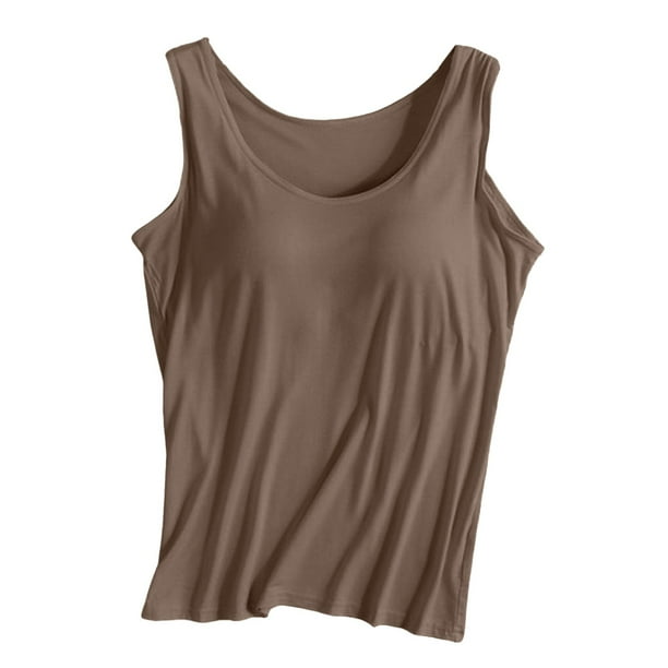 Camiseta deportiva sin mangas de color liso para yoga para mujer: almohadilla en el pecho, sin aros, tirantes anchos, camiseta sin mangas informal, cuello redondo, ropa de verano
