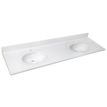 Cultured Marble Vanity Top – 73-Inch Double Bowl Single Hole Mount with Integrated Backsplash – Reinforced Packaging – Solid White, Design House, 597450