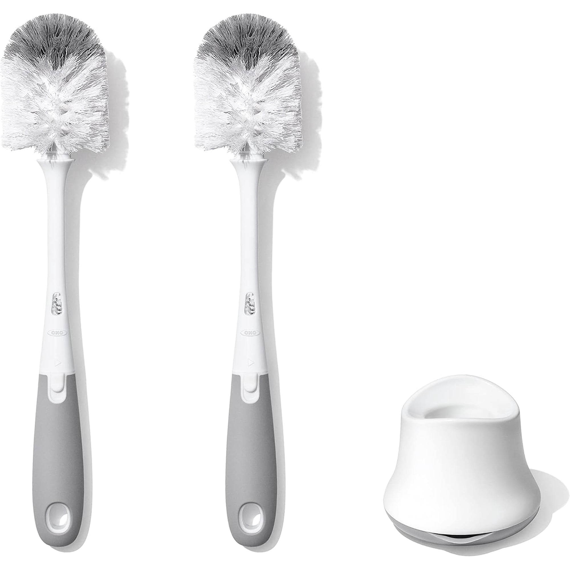 Konexial Baby Bottle Brush with Nipple Cleaner and Stand, Gray 2-Pack Newborn-Ready Bottle Brush Set, Nipple Cleaner Included, Stand Keeps Counter Dry, Soft Bristles, 2-Pack