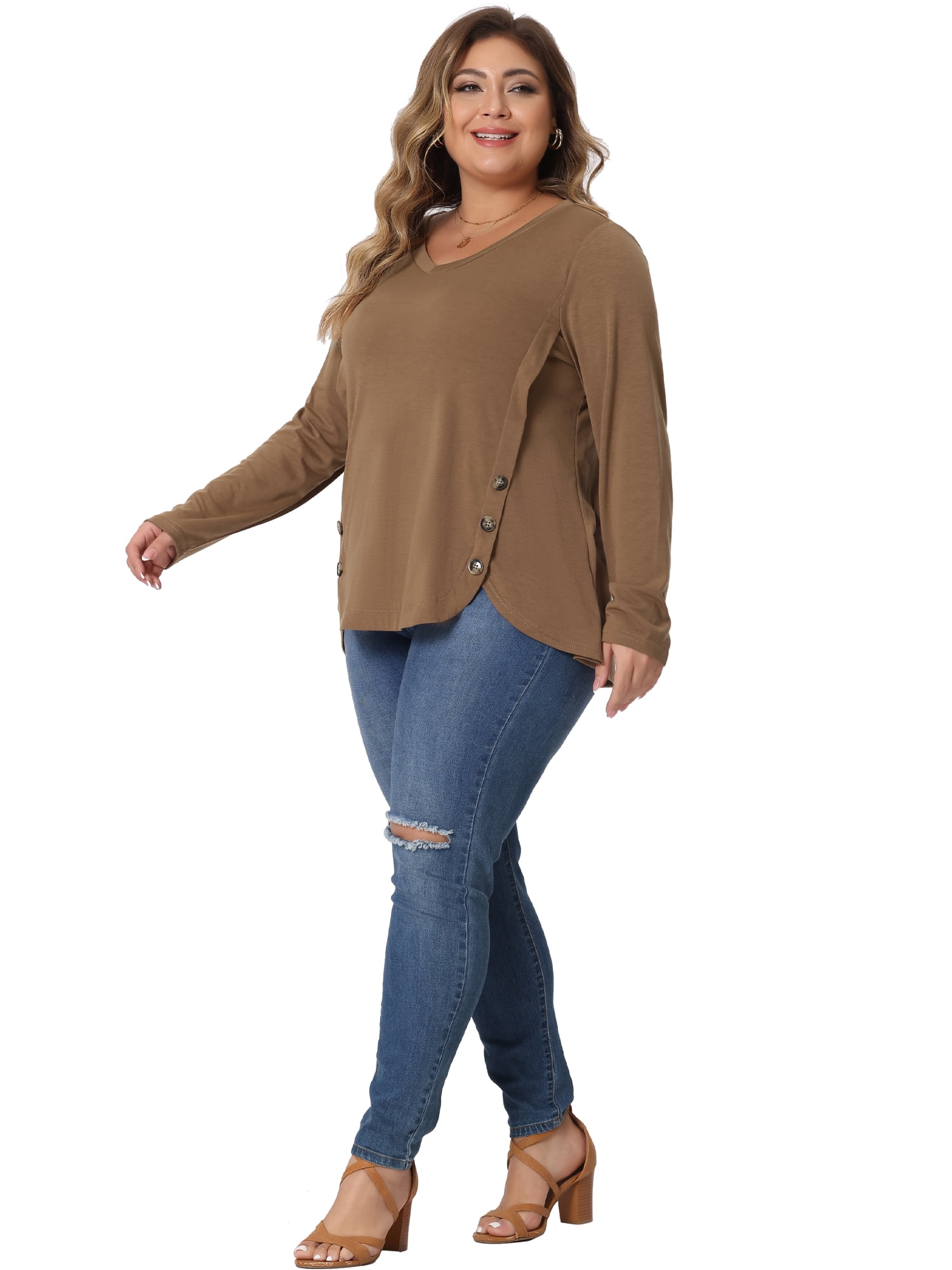 DARING DIVA Women's Plus Size Long Sleeve Button Side Swing Blouses 5X Brown