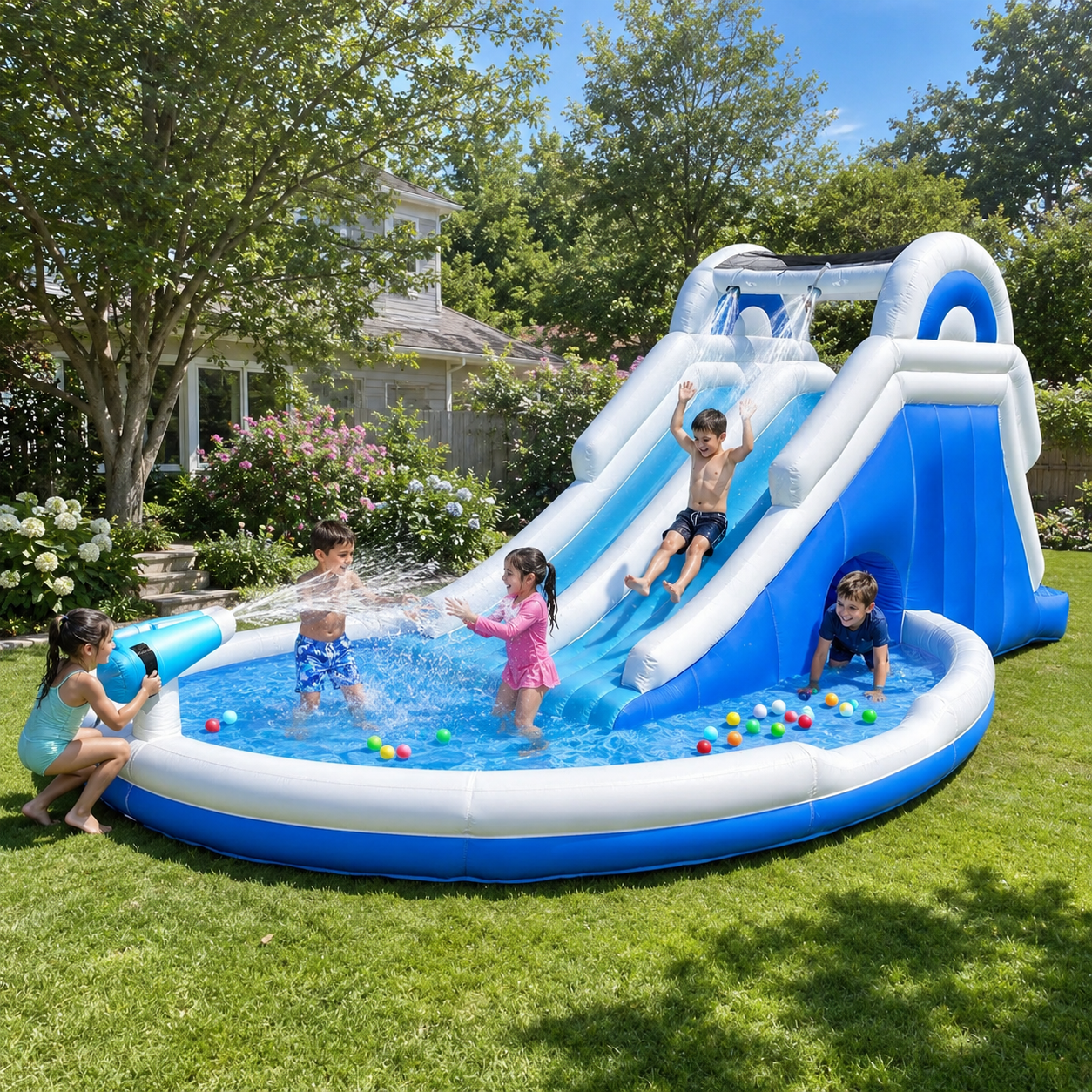 Inflatable Double Water Slide with Climbing Wall & Large Splash Pool - Backyard Kids Water Park with Blower & Accessories, Blue & White