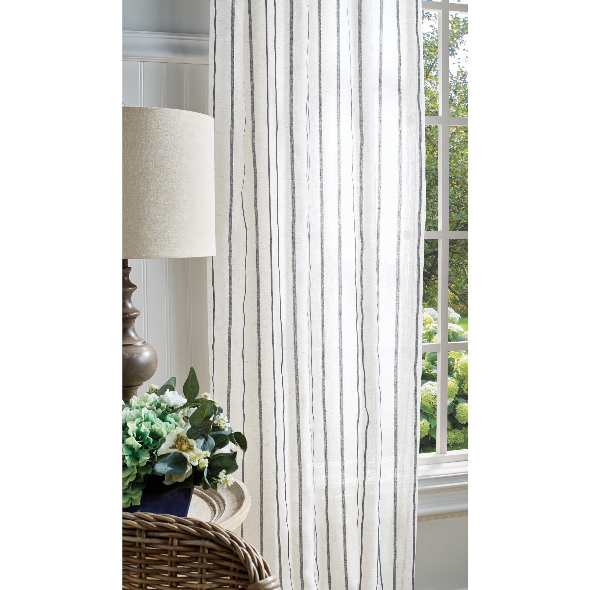 Martha Stewart Laguna Stripe Curtain Panel Pair, Gray, Tie Tab, Semi Sheer, Indoor, Adult, 2 Piece Set, 37"x 84"