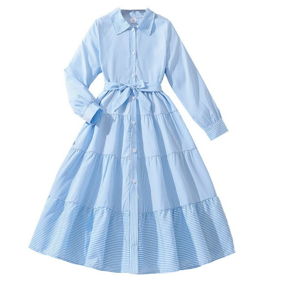 Fesfesfes Fashion Kids Girls' Shirt Dress Solid Color Long Sleeved Bandage Dresses for Stylish and Comfortable Wear 8-13 Years(Light Blue,9 Years)