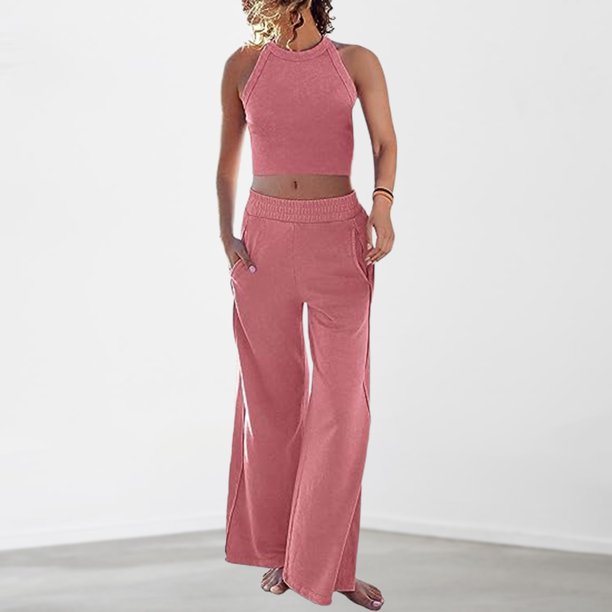Traje de pijama informal de 2 piezas con cuello redondo y corte entallado para mujer conjunto diario expuesto al ombligo