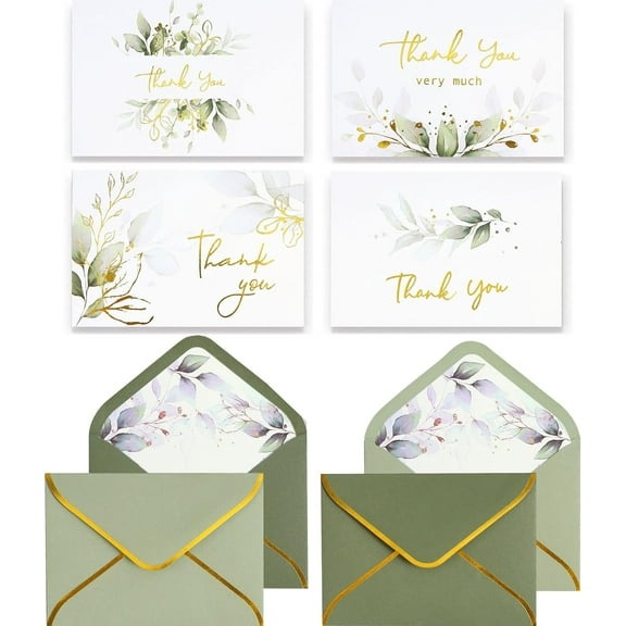 100 PK Luxurious Gold Thank You Cards with Envelopes Bulk Sage Green - 5x3.5 Inches Wedding Thank You Notes Baby Shower Greenery Bridal Shower Small Business