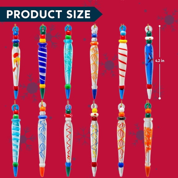 12Pcs Colorful Glass Icicle Ornaments with Crystal Line for Christmas Tree Decorations, 3.54-3.7" Xmas Tree Hanging in 12 Different Designs